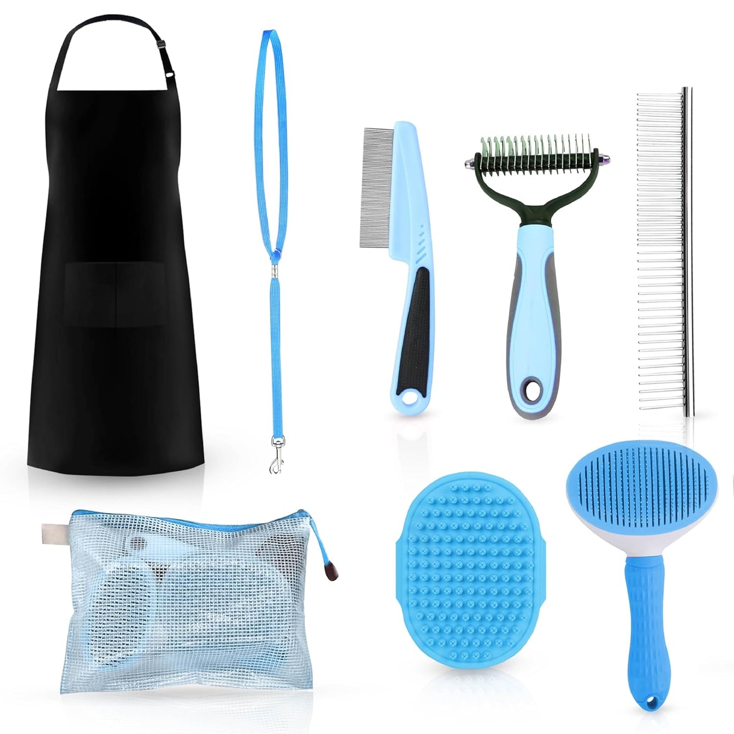 Cat and Dog Brushes for Grooming – Pet Grooming Kit with Brushes, Grooming Loop Leash and Apron – Professional Dog Grooming Supplies with Dematting Comb, Slicker Brush, Dog Bath Brush